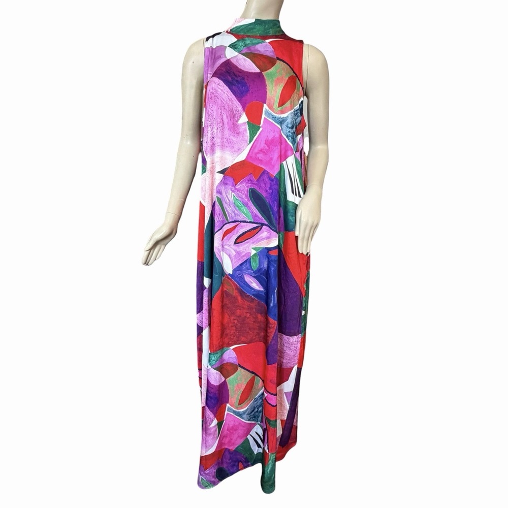 Nicole Miller NY Abstract Print Multicolor Maxi Dress Sz L High Neck Pockets EUC